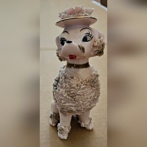Spaghetti Poodle Pink & Gold Vintage 7"  Dog Sitting Figurine Flower Hat Japan